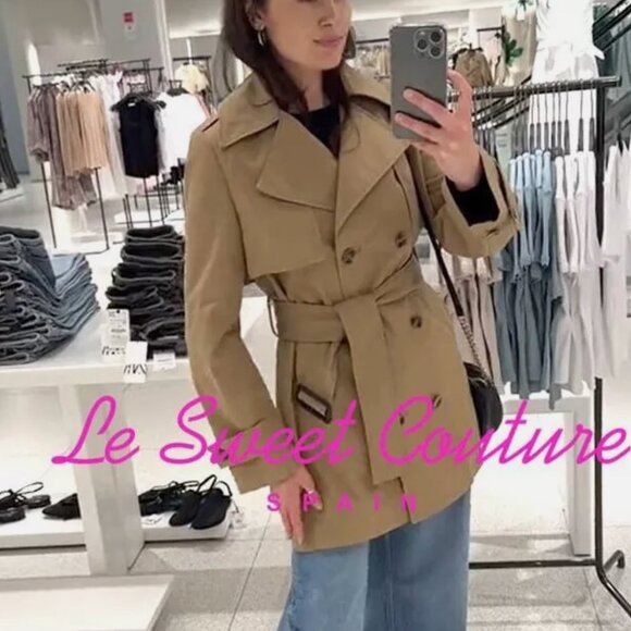 ZARA WOMEN BELTED SHORT TRENCH COAT ZW COLLECTION XS S M L taupe brown NWT - Picture 4 of 12